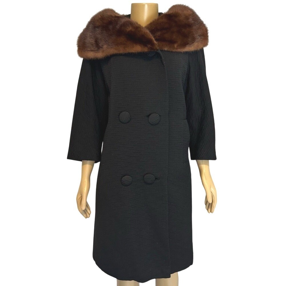 Vintage Jeshiva Black Wool Coat Genuine Mink Fur Collar Hand Tailored 50s 60s